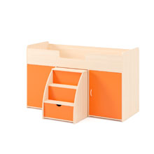 Кровать чердак с выдвижным столом и лестницей белёный дуб оранжевый