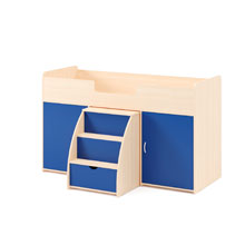 Кровать чердак с выдвижным столом и лестницей белёный дуб синий